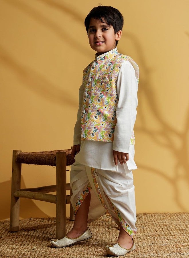 AJ DEZINES Kids Cotton Full Sleeve Printed Yellow Dhoti Kurta Set for Boys - Ethnic wear | Traditional & Festival Wear|Waistcoat for boys - Regular Fit (1952-YELLOW-5) - Image 4
