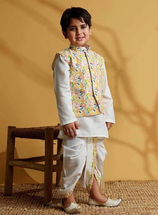 AJ DEZINES Kids Cotton Full Sleeve Printed Yellow Dhoti Kurta Set for Boys - Ethnic wear | Traditional & Festival Wear|Waistcoat for boys - Regular Fit (1952-YELLOW-5) - Image 5