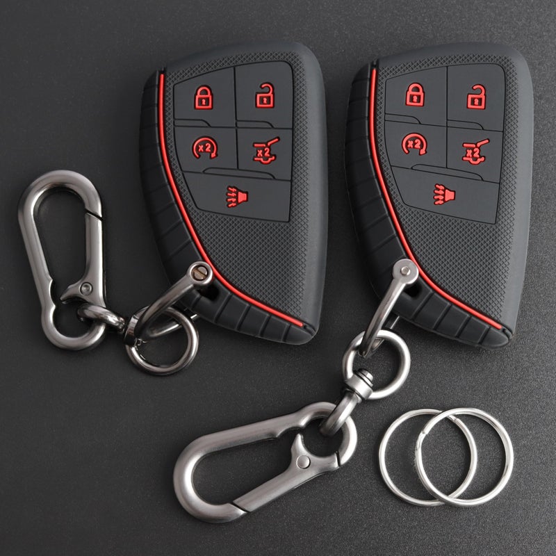 TANDRIVE Key Fob Cover for 2026 2025 2024 Chevy Equinox Traverse Blazer EV GMC Acadia Terrain and 20252021 Buick Envision 5 Button Silicone 2Pack Red Button Black