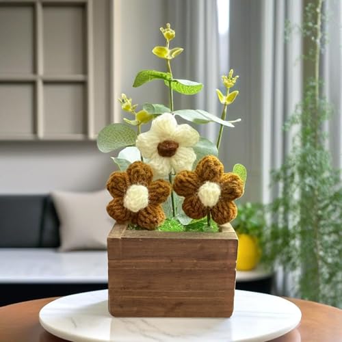 Akaar Decor's Handcrafted Crochet Flower Pot | Artificial Flowers for Home | Birthday | Anniversary | Housewarming Gifts | 100% Handmade Yarn Flower Décor (8 Inch, Wooden Base) (Brown) - Image 1
