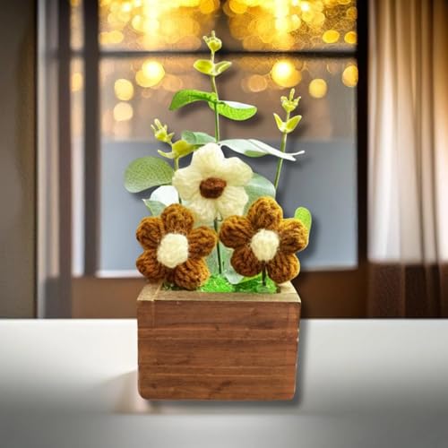 Akaar Decor's Handcrafted Crochet Flower Pot | Artificial Flowers for Home | Birthday | Anniversary | Housewarming Gifts | 100% Handmade Yarn Flower Décor (8 Inch, Wooden Base) (Brown) - Image 5