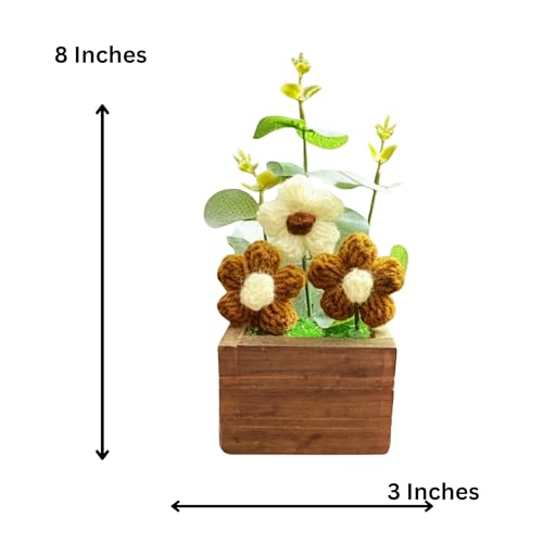 Akaar Decor's Handcrafted Crochet Flower Pot | Artificial Flowers for Home | Birthday | Anniversary | Housewarming Gifts | 100% Handmade Yarn Flower Décor (8 Inch, Wooden Base) (Brown) - Image 2