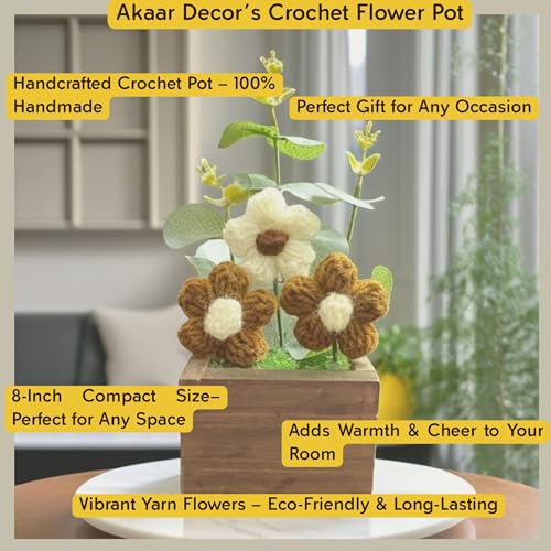 Akaar Decor's Handcrafted Crochet Flower Pot | Artificial Flowers for Home | Birthday | Anniversary | Housewarming Gifts | 100% Handmade Yarn Flower Décor (8 Inch, Wooden Base) (Brown) - Image 4