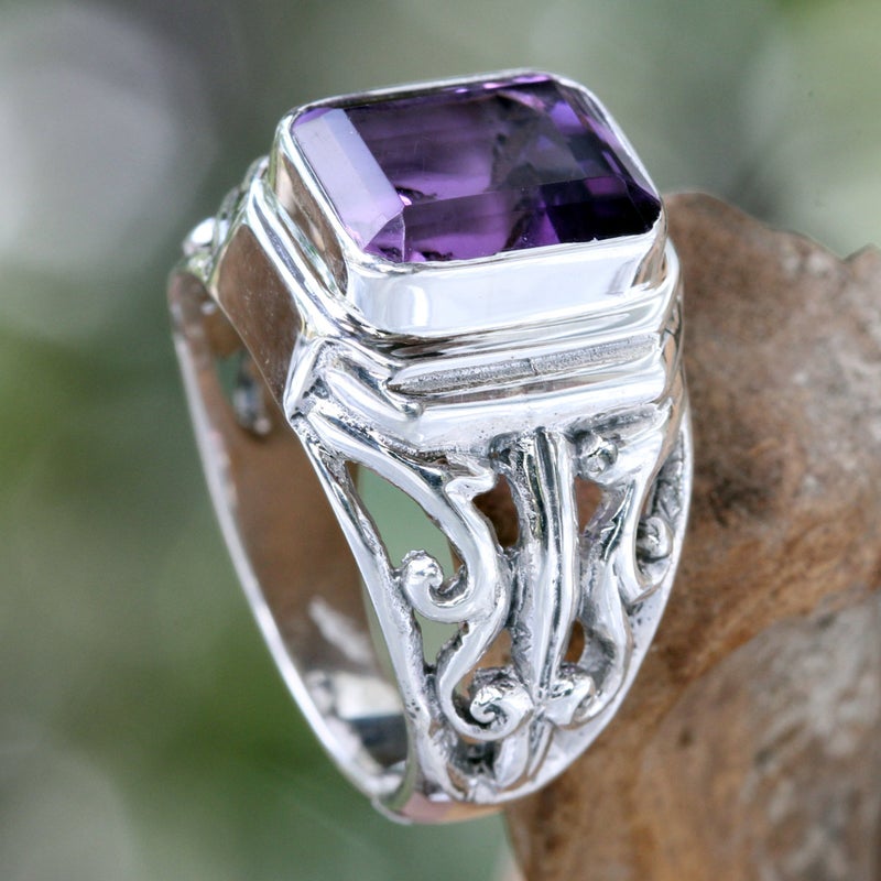 NOVICA Artisan Handmade Men's Amethyst Ring .925 Sterling Silver Purple Single Stone Indonesia Birthstone 'Wisdom Warrior' - Image 4