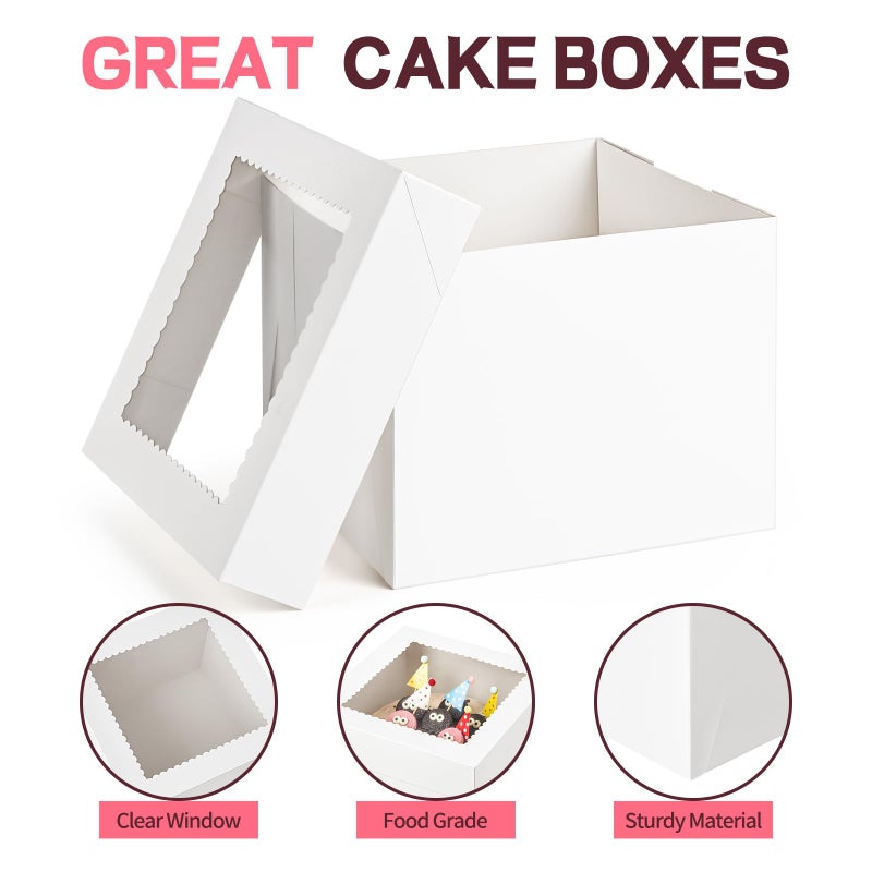 ZORRITA 2 Pack Cake Boxes, 10 x 10 x 8 Inches Tall Bakery Box with Window and Cake Boards, Disposable Cake Containers for Wedding, Birthday, Party - Image 3