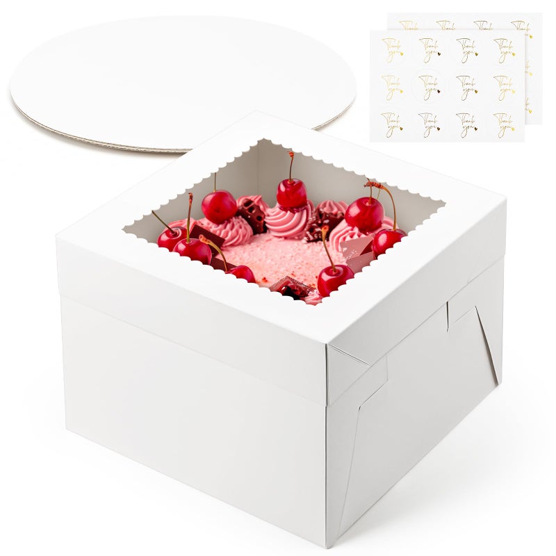 ZORRITA 2 Pack Cake Boxes, 10 x 10 x 8 Inches Tall Bakery Box with Window and Cake Boards, Disposable Cake Containers for Wedding, Birthday, Party - Image 1