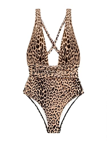 Lilosy Sexy Lace Up Plunge Neck Backless High Waisted Low Cut Leg Rise Thong Cheeky Brazilian 1 Piece Bikini Swimsuit Women Back Bathing Suit Tie Criss Cross Monokini Leopard Small - Image 4