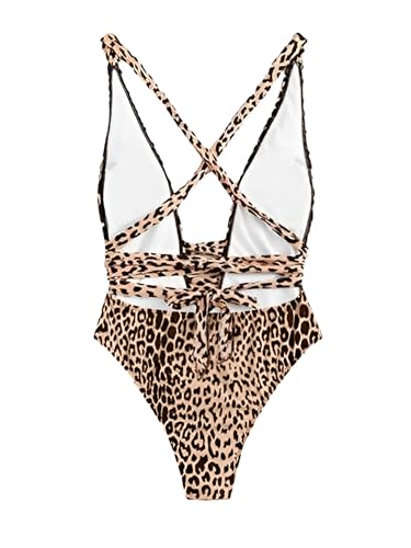 Lilosy Sexy Lace Up Plunge Neck Backless High Waisted Low Cut Leg Rise Thong Cheeky Brazilian 1 Piece Bikini Swimsuit Women Back Bathing Suit Tie Criss Cross Monokini Leopard Small - Image 5