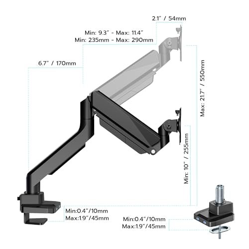 ARES WING Single Monitor Arm, Heavy Duty Adjustable Monitor Arm for 13"-49" Screens with USB, Gas Spring Desk Mount Stand with C Clamp/Grommet Mounting Base up to 40lbs Computer, Black - Image 2