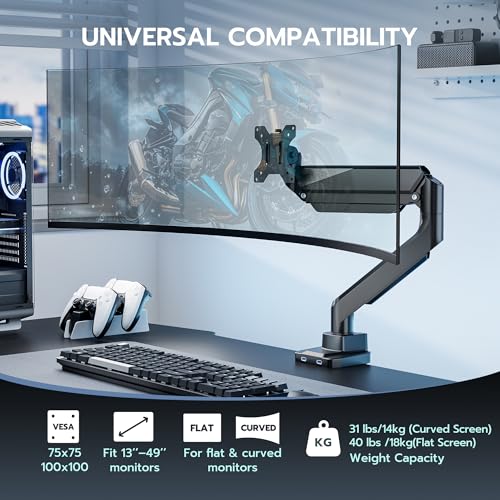 ARES WING Single Monitor Arm, Heavy Duty Adjustable Monitor Arm for 13"-49" Screens with USB, Gas Spring Desk Mount Stand with C Clamp/Grommet Mounting Base up to 40lbs Computer, Black - Image 4