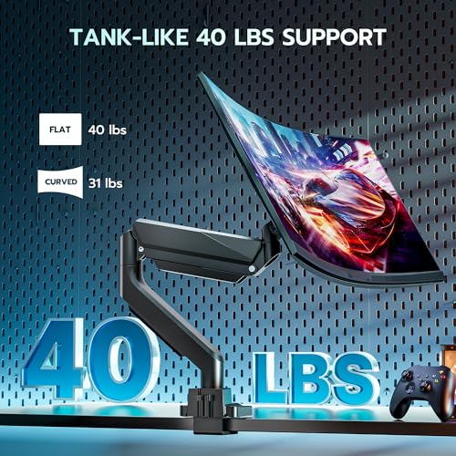 ARES WING Single Monitor Arm, Heavy Duty Adjustable Monitor Arm for 13"-49" Screens with USB, Gas Spring Desk Mount Stand with C Clamp/Grommet Mounting Base up to 40lbs Computer, Black - Image 3