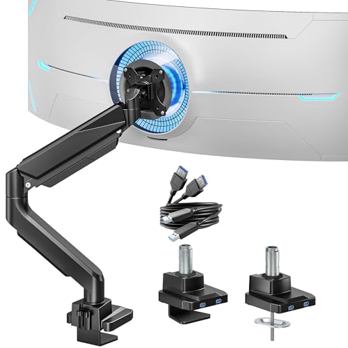 ARES WING Single Monitor Arm, Heavy Duty Adjustable Monitor Arm for 13"-49" Screens with USB, Gas Spring Desk Mount Stand with C Clamp/Grommet Mounting Base up to 40lbs Computer, Black - Image 1
