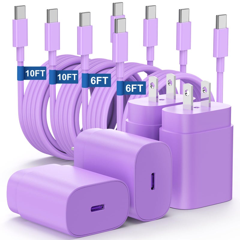 Essri Type C Charger Fast Charging for Samsung Galaxy S25/S24/S23/S22/Note 20,4Pack 25W Super USB C Fast Charger Block with (6ft+10ft) x2 Cables for iPhone 15/16 Pro Max/Plus, Android Phones-Purple - Image 1