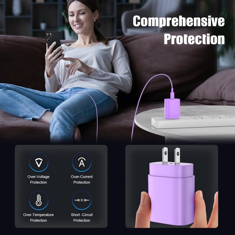 Essri Type C Charger Fast Charging for Samsung Galaxy S25/S24/S23/S22/Note 20,4Pack 25W Super USB C Fast Charger Block with (6ft+10ft) x2 Cables for iPhone 15/16 Pro Max/Plus, Android Phones-Purple - Image 4