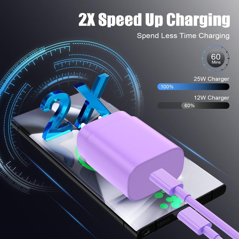 Essri Type C Charger Fast Charging for Samsung Galaxy S25/S24/S23/S22/Note 20,4Pack 25W Super USB C Fast Charger Block with (6ft+10ft) x2 Cables for iPhone 15/16 Pro Max/Plus, Android Phones-Purple - Image 3