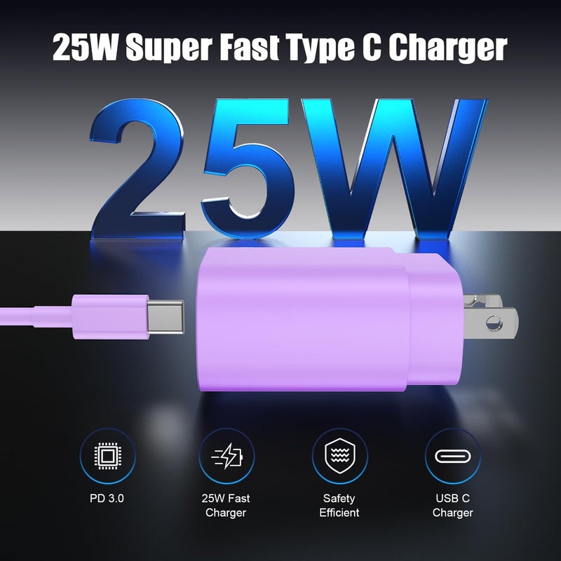 Essri Type C Charger Fast Charging for Samsung Galaxy S25/S24/S23/S22/Note 20,4Pack 25W Super USB C Fast Charger Block with (6ft+10ft) x2 Cables for iPhone 15/16 Pro Max/Plus, Android Phones-Purple - Image 2
