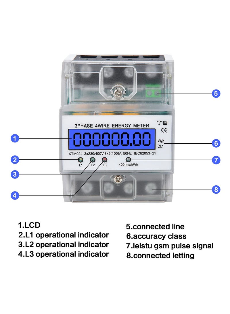 Digital 3 Phase Electricity Meter, Calibrated Three Wire Current Meter for 230/400V Power Systems, Top Hat Rail Mounted with LCD Display (5-100A) - Image 3
