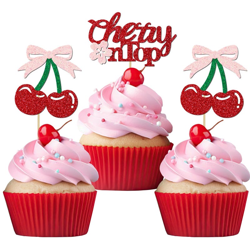 Aukolass 24 Pack She's the Cherry On Top Cupcake Toppers, Glitter Cherry Sweet Cake Pick for Fruits Theme Baby Shower and Bridal Shower Decorations Supplies (Top) - Image 1