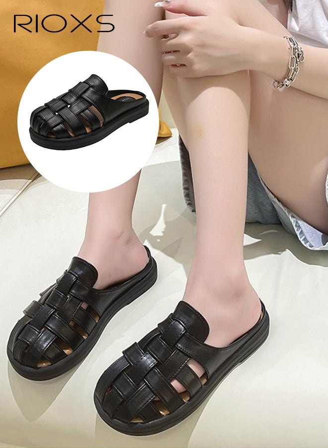 RIOXS Women's Casual Sandals, 3cm Low Platform Slippers, Breathable Semi Slippers for Women, Comfy Braided Mules Slide Sandals, Wrap Toe Slippers for Beach, Lightweight Anti-slip Mules Slip-on Sandals, Ladies Fisherman Sandal, Backless Loafer Slides for Walking Shopping Office Work and Daily Wear, Black Sandal Womes Footwear - Image 1