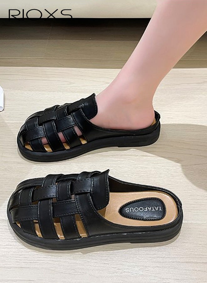 RIOXS Women's Casual Sandals, 3cm Low Platform Slippers, Breathable Semi Slippers for Women, Comfy Braided Mules Slide Sandals, Wrap Toe Slippers for Beach, Lightweight Anti-slip Mules Slip-on Sandals, Ladies Fisherman Sandal, Backless Loafer Slides for Walking Shopping Office Work and Daily Wear, Black Sandal Womes Footwear - Image 2