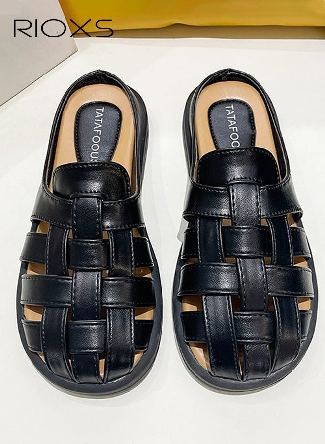 RIOXS Women's Casual Sandals, 3cm Low Platform Slippers, Breathable Semi Slippers for Women, Comfy Braided Mules Slide Sandals, Wrap Toe Slippers for Beach, Lightweight Anti-slip Mules Slip-on Sandals, Ladies Fisherman Sandal, Backless Loafer Slides for Walking Shopping Office Work and Daily Wear, Black Sandal Womes Footwear - Image 5