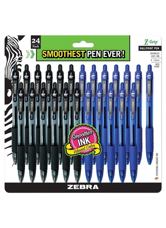 Zebra Pen Zebra Pen - Bulk Pack Of 24 Ink Pens - Z-grip Retractable Ballpoint Pens Medium Point 1.0 mm, 12 Black Pens & 12 Blue Pens Combo Pack  - Image 1