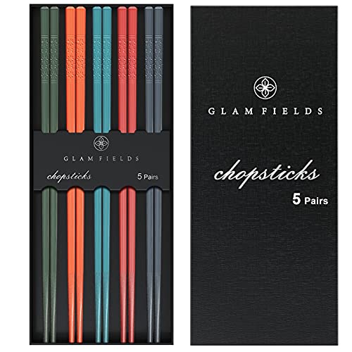 GLAMFIELDS Chopsticks, GLAMFIELDS 5 Pairs Premium Reusable Multicolour Chopsticks for Sushi Japanese Matte Anti-slip Chop Sticks with Gift Case Lightweight Dishwasher Safe, 9.6 Inch - Image 1