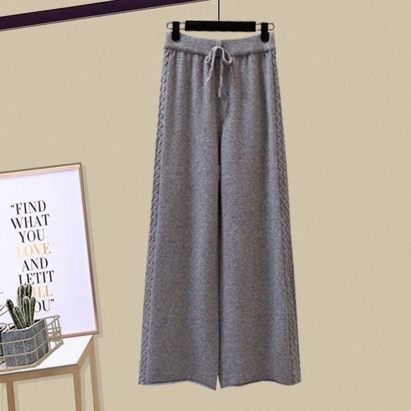 2024 Autumn Winter Plus Size Sweater Shirt Knit Pants Set Gray wide-leg pants [single piece]