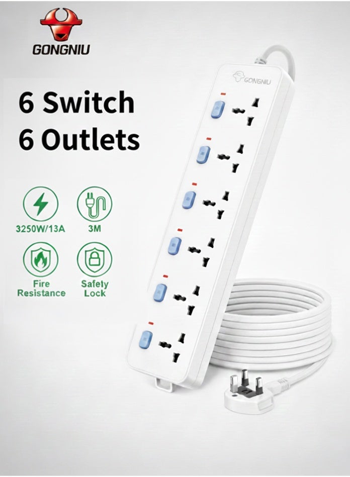غونغنيو سلك تمديد كهربائي متعدد المنافذ بطول 3 أمتار و6 منافذ، شريط طاقة عالمي بمفاتيح فردية، فتحات تعليق، سلك تمديد للمنزل والمكتب - Image 1