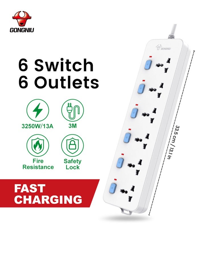 غونغنيو سلك تمديد كهربائي متعدد المنافذ بطول 3 أمتار و6 منافذ، شريط طاقة عالمي بمفاتيح فردية، فتحات تعليق، سلك تمديد للمنزل والمكتب - Image 4