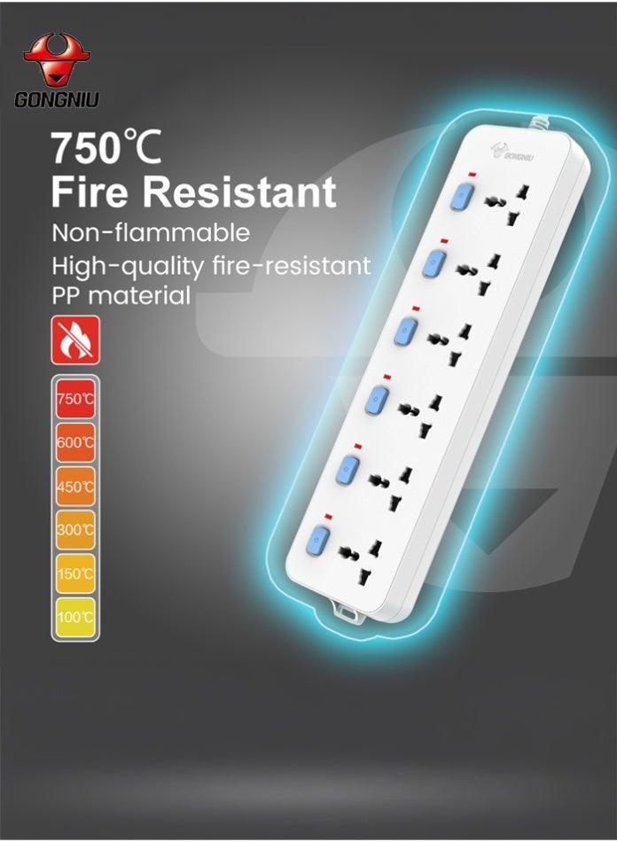 غونغنيو سلك تمديد كهربائي متعدد المنافذ بطول 3 أمتار و6 منافذ، شريط طاقة عالمي بمفاتيح فردية، فتحات تعليق، سلك تمديد للمنزل والمكتب - Image 5