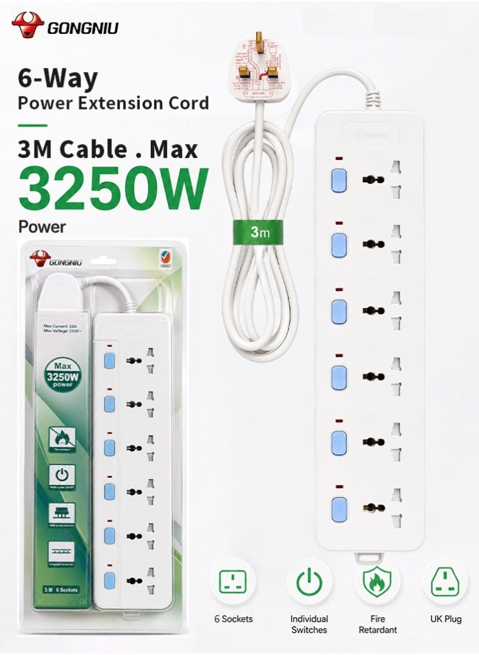 3 Meters 6-Outlet Multi Plug Power Extension Cord, Universal Power Strip with Individual Switches, Hanging Holes, Extension Lead for Home and Office