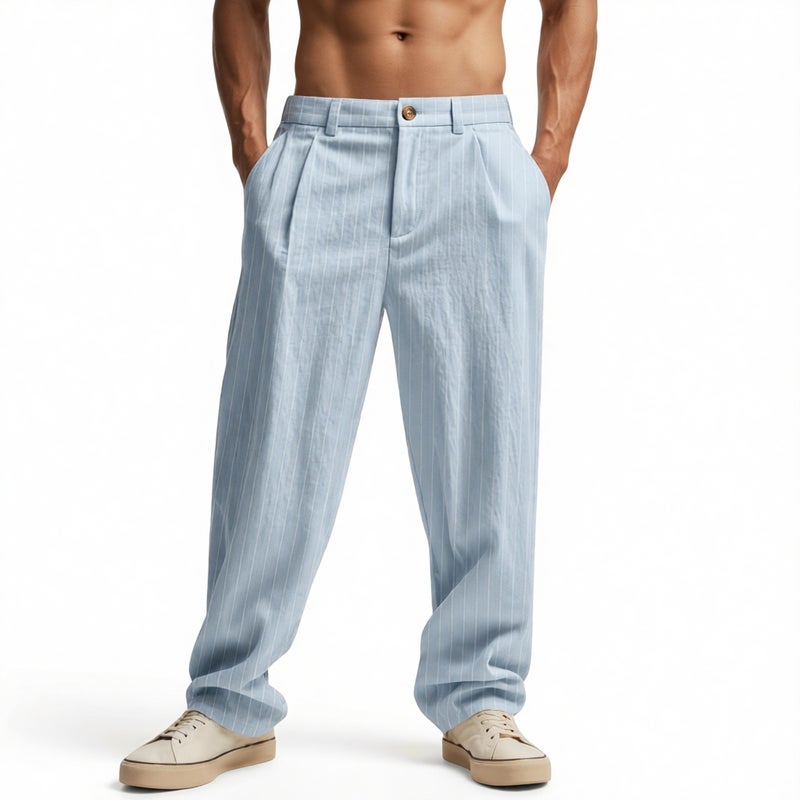 Men's Casual Striped Straight Leg Pants Summer Loose Fit Trousers - Image 1