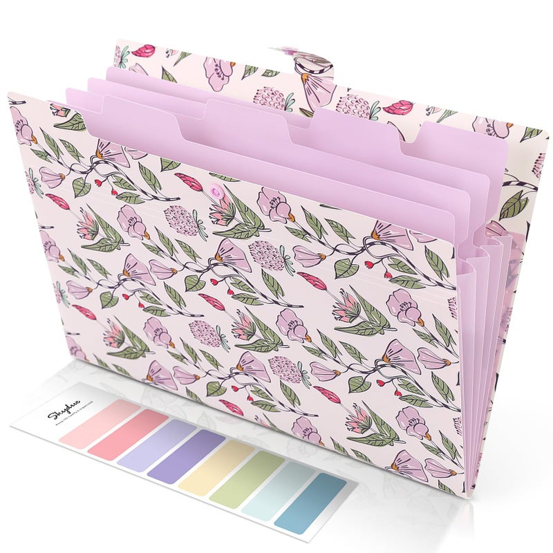 SKYDUE Accordion File Organizer, Floral Expanding File Folders with 5 Pockets, Cute Document Organizer for Paper Bills Receipt Storage, School Office & Hospital Supplies Letter/A4 Size Light Purple - Image 1