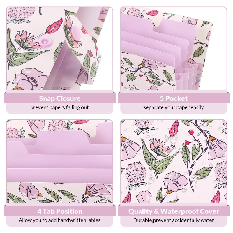 SKYDUE Accordion File Organizer, Floral Expanding File Folders with 5 Pockets, Cute Document Organizer for Paper Bills Receipt Storage, School Office & Hospital Supplies Letter/A4 Size Light Purple - Image 4
