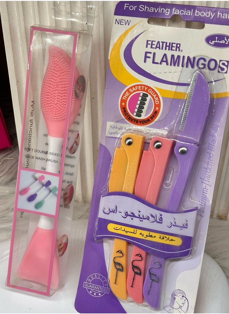 Generic face care set Feather 3 Piece Ladies Razor For Facial And Body Hair Yellow/Pink/Purple + Multifunction Facial Stirring Brush, Soft Silicone Mask Brush, Cosmetics Tools, Face Clean Brush, Face Mask Tools, Double Head Silicone Face Mask Brush random color s2  - Image 2