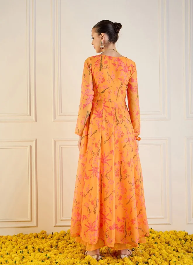 SASSAFRAS Ethnic Motifs Printed Sequinned Anarkali Kurta for Women