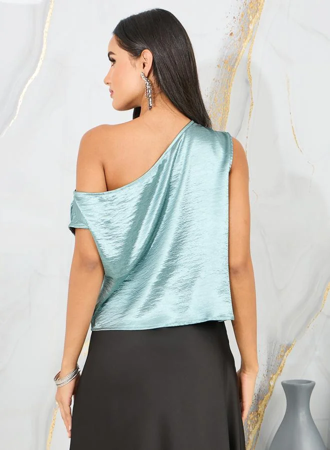 ستايلي Satin Asymmetric Neck Sleeveless Pleated Blouse