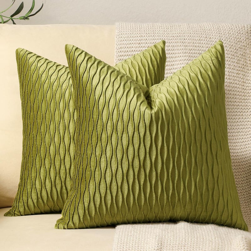 DEZENE 18x18 Moss Green Throw Pillow Cases 2 Pack Original Striped Velvet Square Decorative Pillow Covers for Farmhouse Couch