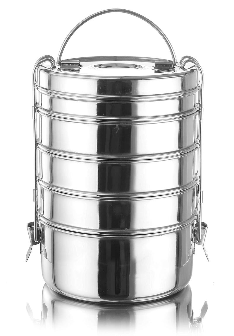Expresso Stainless Steel Tiffin Carrier, Food Grade Lunch Box, Traditional Design for School & Office, 16.5 cm Diameter 5 Tier (5) - Image 1