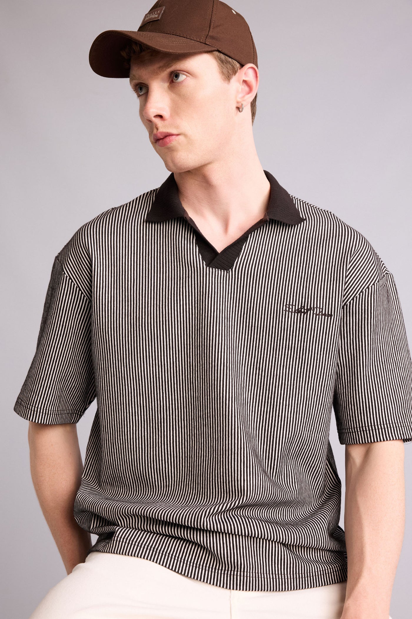Brown Man Boxy Fit Textured Polo T-Shirt Casual