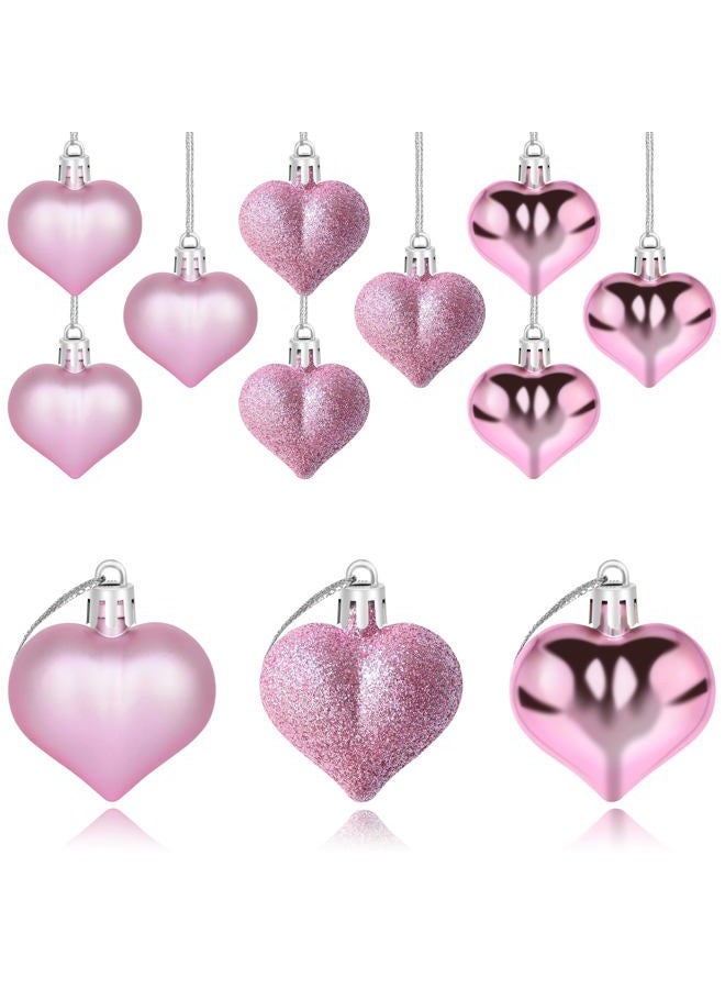 Yuronam 12 PCS Heart Ornaments 3 Different Finishes Heart Shaped Hanging Ornaments for Valentine's Day Wedding Christmas Tree Mother's Day Anniversary Party Decoration (Pink) - Image 1