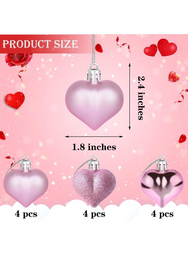 Yuronam 12 PCS Heart Ornaments 3 Different Finishes Heart Shaped Hanging Ornaments for Valentine's Day Wedding Christmas Tree Mother's Day Anniversary Party Decoration (Pink) - Image 2