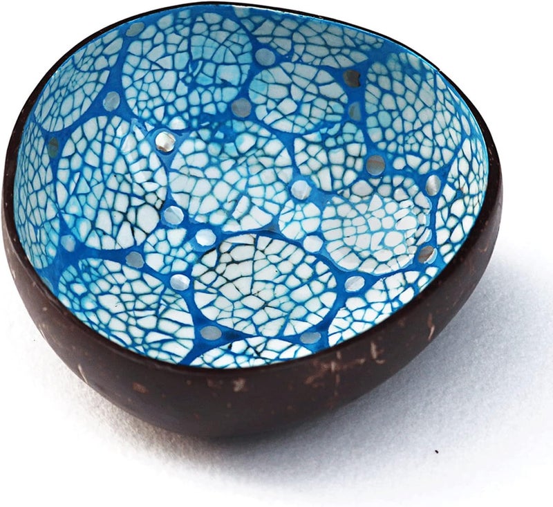 ChezMax Natural Coconut Bowl with Mother of Pearl Inlaid Shell - Handcrafted Home Decoration, Entryway Table Key Bowl or Candy Container, Fruit and Nuts Holder (Blue) - Image 1