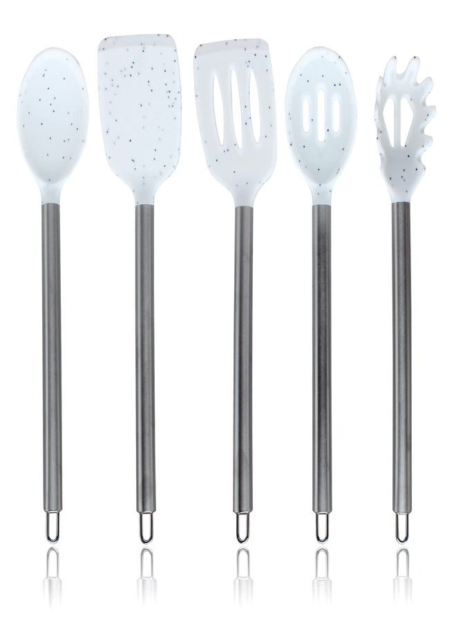 كوك ويذ كولرز أدوات طهي سيليكون من COOK WITH COLOR، طقم أدوات مطبخ، أدوات مطبخ سيليكون سهلة التنظيف، أدوات طهي لأواني الطهي غير اللاصقة، طقم أدوات مطبخ، 5 قطع، أبيض منقط - Image 1