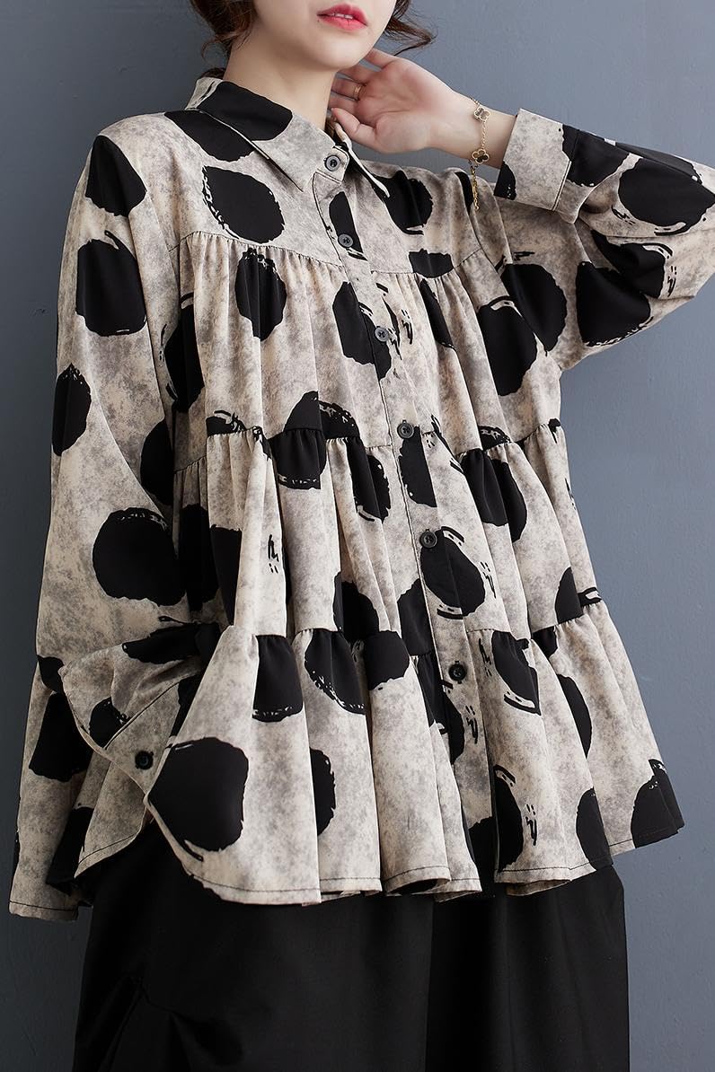 ellazhu Women's Casual Button Down Flowy Hem Polka Dot Oversized Shirt GZ129 Black - Image 4