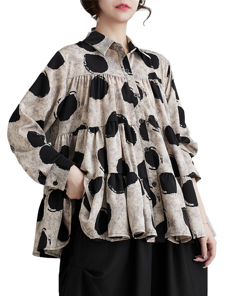 ellazhu Women's Casual Button Down Flowy Hem Polka Dot Oversized Shirt GZ129 Black - Image 1