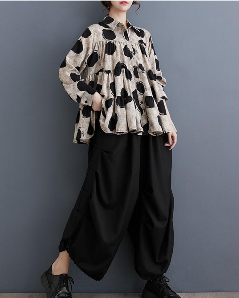 ellazhu Women's Casual Button Down Flowy Hem Polka Dot Oversized Shirt GZ129 Black - Image 5