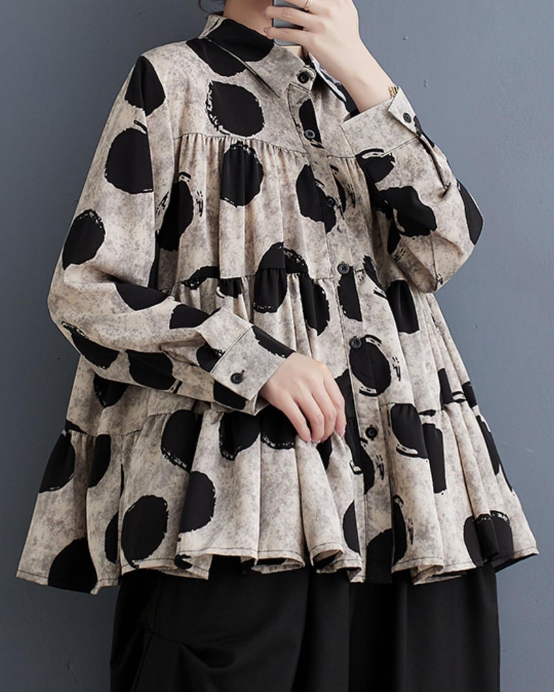 ellazhu Women's Casual Button Down Flowy Hem Polka Dot Oversized Shirt GZ129 Black - Image 2