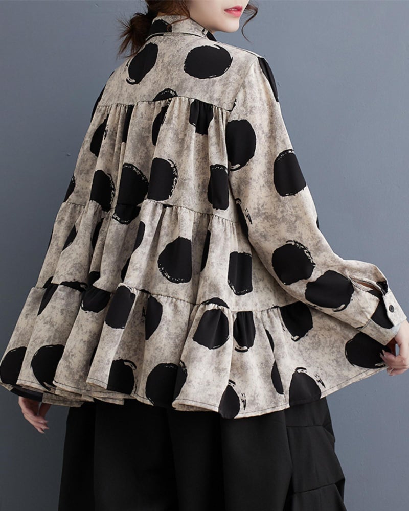 ellazhu Women's Casual Button Down Flowy Hem Polka Dot Oversized Shirt GZ129 Black - Image 3
